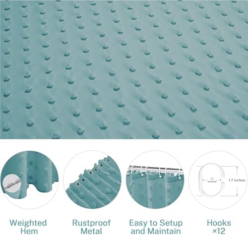 Siiluminisoy Boho Teal Shower Curtain Woven Fabric Shower Curtain, 72 x 72 Tufted Pleat Floral Puffs Textured Modern Farmhouse Minimalist Shower Curtain Set with Hooks for Bathroom