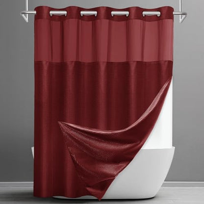 No Hook Waffle Shower Curtain with Snap in Liner Set, 71x74, Burgundy