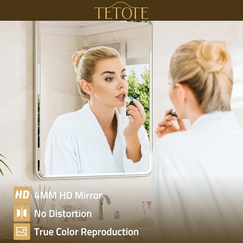 TETOTE Brushed Nickel Framed Bathroom Mirror 60 x 36 Large Beveled Edge Tempered Glass, Rounded Corner Rectangle Bathroom Mirror for Modern Bathroom, Living Room, Bedroom, Entryway