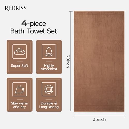 REDKISS Luxury Bath Towels Set of 4, 35x70 in, Highly Absorbent & Quick Dry, Super Soft Extra Large Premium Thick Cotton Brown Bath Sheets for Shower, Hotel, Bathroom, Spa