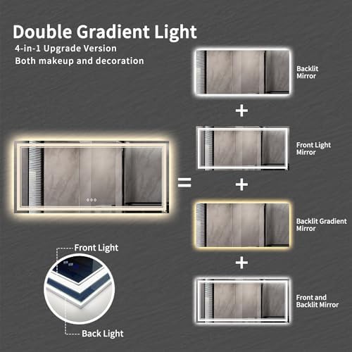 Big Bathroom Mirror, 84x40 Inch Gradient Front and Backlit Lighted Mirror, 3 Colors Dimmable CRI>90 Double Lights, IP54 Enhanced Anti-Fog, Wall Mount LED Vanity Mirror
