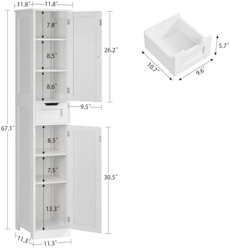 Iwell Tall Bathroom Cabinet, Slim Narrow Bathroom Storage Cabinet with Adjustable Shelves, Storage Cabinets with 1 Drawer, for Bathroom, Living Room, Entryway, Kitchen, White