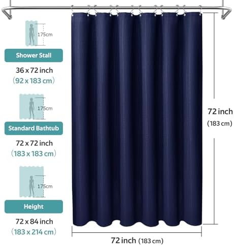 Vipfree 3 in 1 Shower Curtain Set, Waffle Shower Curtain and Liner Set with 12 Double Sided Shower Curtain Hooks, 258GSM Luxury Weighted Cloth Shower Curtains for Bathroom, 72 W x 72 H, Navy Blue