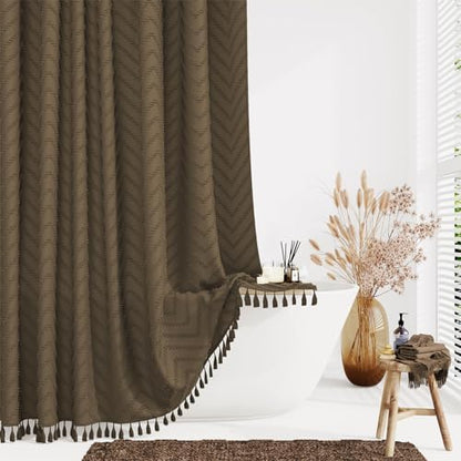 Dynamene Long Boho Farmhouse Shower Curtain Tufted Chevron 72"x78" Brown