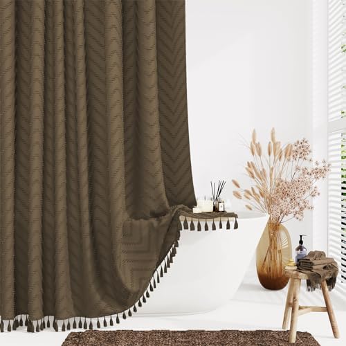 Dynamene Boho Farmhouse Fabric Shower Curtain Tufted Chevron 72"x72" Brown