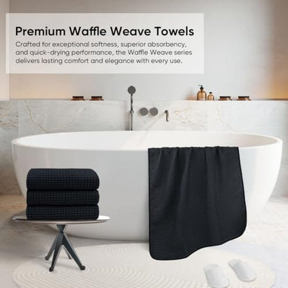 HOMEXCEL Black Waffle Bath Towels Set of 4 Pack, Waffle Towels for Bathroom