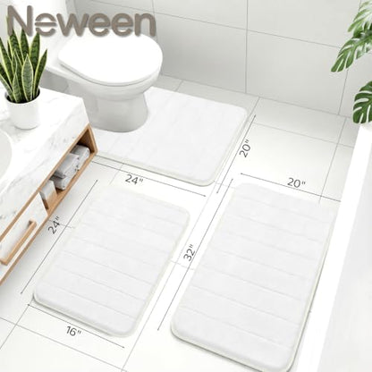 Neween Bathroom Rugs Set 3 Piece, Absorbent Memory Foam Bath Mat, White