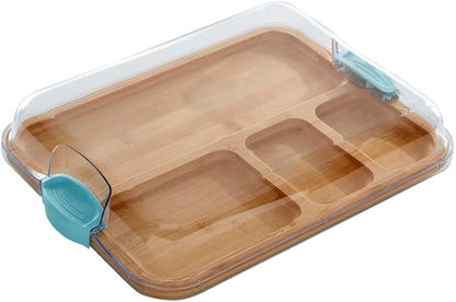 Farberware Build-A-Board Bamboo Cutting Board with Built-in Compartments and Clear Locking Lid with Blue Handles, Perfect for Charcuterie, Snacks, and More