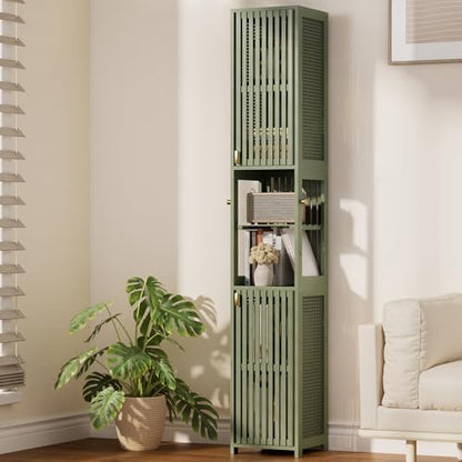 Amazer Tall Bathroom Storage Cabinet 70'', Freestanding Cabinet Storage with Rattan Door and Adjustable Shelves, Bamboo Narrow Storage Cabinet Organizer for Living Room Kitchen, Forest Green