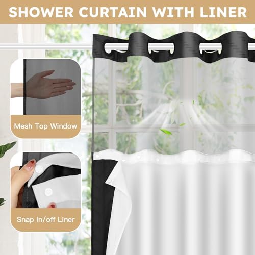 FADOTY Black No Hook Shower Curtain Set with Snap in Liner, 71'' x 74''