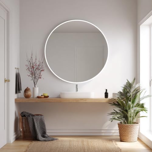 Sunniry Round Mirror 38 inch, White Circle Mirror, Matte White Metal Frame