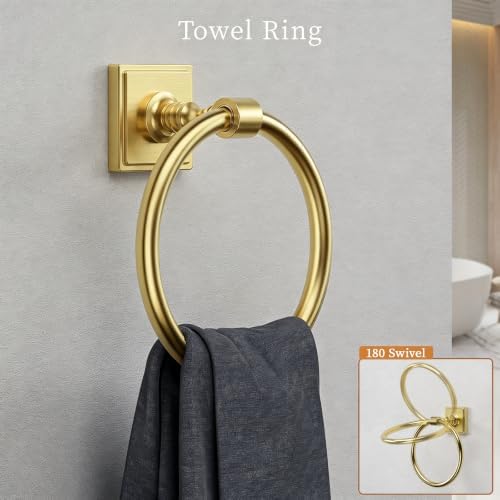 VEHCIL Brushed Gold Bathroom Towel Bar Set, 5 Piece Bathroom Hardware Accessory Set, SUS304 Stainless Steel 24" Towel Rack Holder Set for Bathroom, Wall Mounted