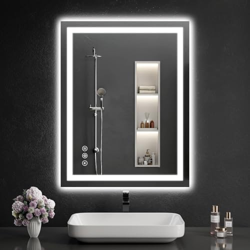 LED Bathroom Mirrors 28"x36" Bathroom Mirror with Lights for Wall, Backlit + Front Lit, 3 Colors, Anti-Fog, Dimmable Brightness for Vanity,Bathroom, Entryway, Living Room