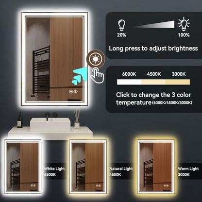 24“ x 36” Bathroom Mirror with LED Lights, Anti-Fog, Dimmable 3 Colors