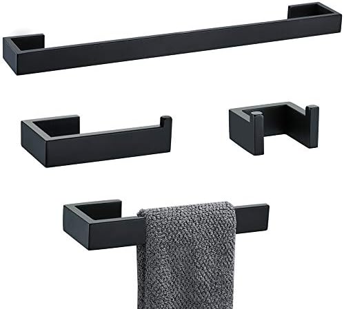 4 Pieces Bathroom Hardware Accessories Set Black Towel Bar Towel Holder Robe Hook Toilet Paper Holder Stainless Steel,Q8-P4BK