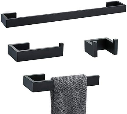 4 Pieces Bathroom Hardware Accessories Set Black Towel Bar Towel Holder Robe Hook Toilet Paper Holder Stainless Steel,Q8-P4BK