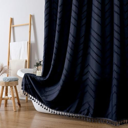 OWENIE Navy Blue Fabric Shower Curtain, Boho Shower Curtains for Bathroom Chic Tufted Chevron Striped Textured with Tassel, Soft Hotel Style Farmhouse, Machine Washable, 72x78, Navy Blue