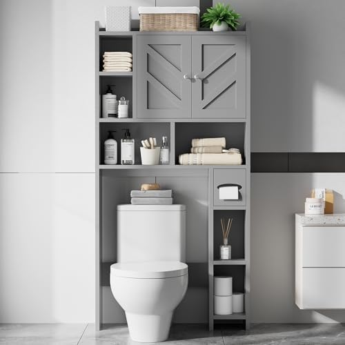 Over the Toilet Storage Cabinet, Freestanding Farmhouse Storage Cabinet Over Toilet, Bathroom Organizer with Paper Holder Stand and Adjustable Shelf, Grey