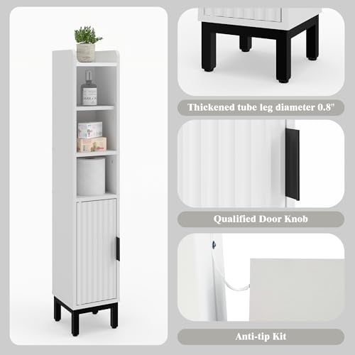 FerniTry Small Bathroom Storage Cabinet, Corner Floor Cabinet with Door and Shelves, Narrow Toilet Paper Cabinet, Bathroom Organizer with Adjustable Shelf for Small Spaces, White, 5-Tier