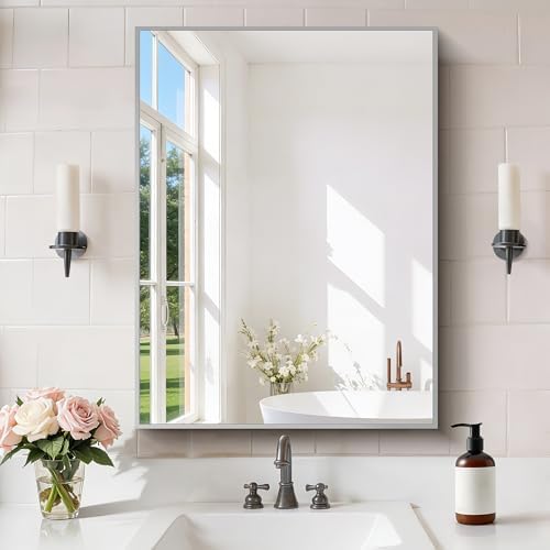 COFENY Silver Bathroom Mirror for Wall, 24x32 Inch Rectangle with Metal Frame, Modern Vanity for Bathroom Living Room, Entryway Hangs Horizontal or Vertical