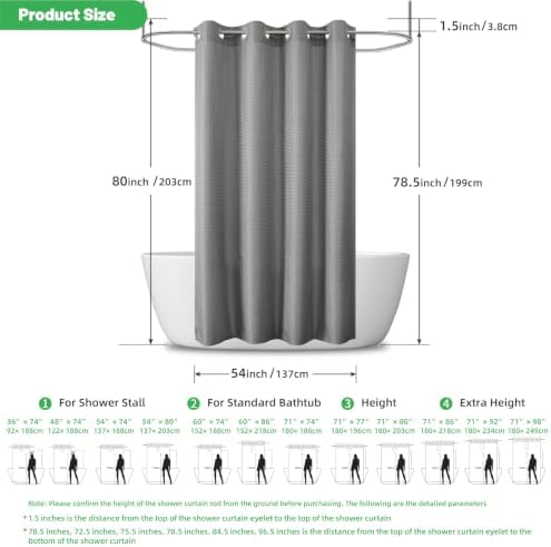 No Hook Waffle Shower Curtain, No Liner Needed Separate, 50x80 Inch, Grey