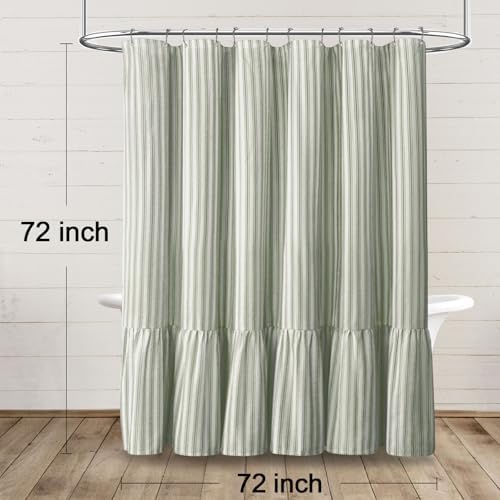 Farmhouse Shower Curtain Ruffle Linen White-Green Stripe 72"W x 72"L