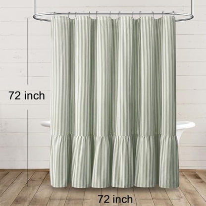 Farmhouse Shower Curtain Ruffle Linen White-Green Stripe 72"W x 72"L