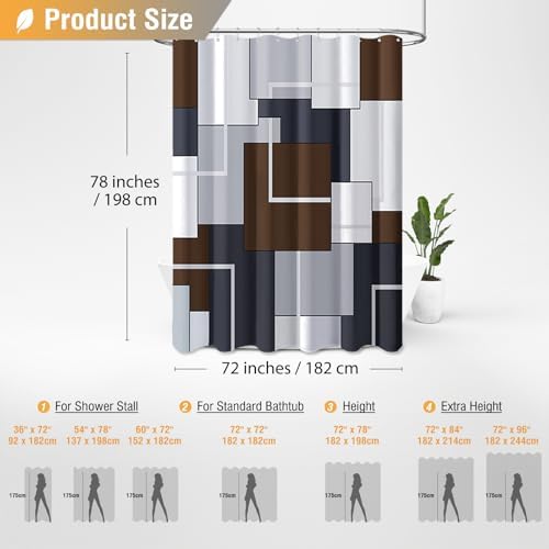 BTTN 72 x 78 Long Modern Geometric Waterproof Fabric Shower Curtain, Brown
