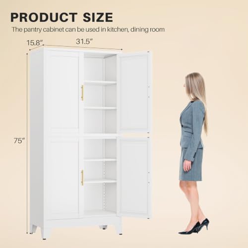 winiowa 75" Tall Kitchen Pantry Cabinet, Metal Storage Cabinet with Doors and Adjustable Shelves, White Freestanding Pantry Cabinet for Kitchen, Dining Room, Living Room, Laundry Room, Bathroom