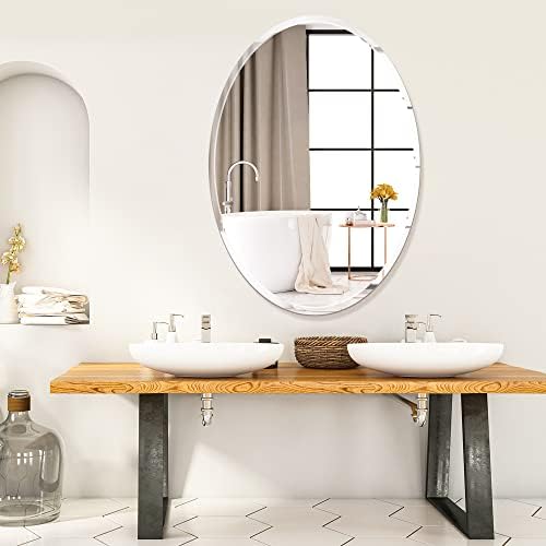 Oval Frameless Wall Mirror, 20 x 28 Inch, Beveled Edge Bathroom Mirror
