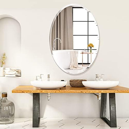 Oval Frameless Wall Mirror, 20 x 28 Inch, Beveled Edge Bathroom Mirror