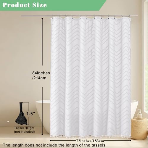 OWENIE Extra Long White Boho Shower Curtain, Chic Tufted Chevron Striped Textured Fabric Cloth Shower Curtains with Tassel for Bathroom, Soft Hotel Style Farmhouse, Machine Washable, 72x84