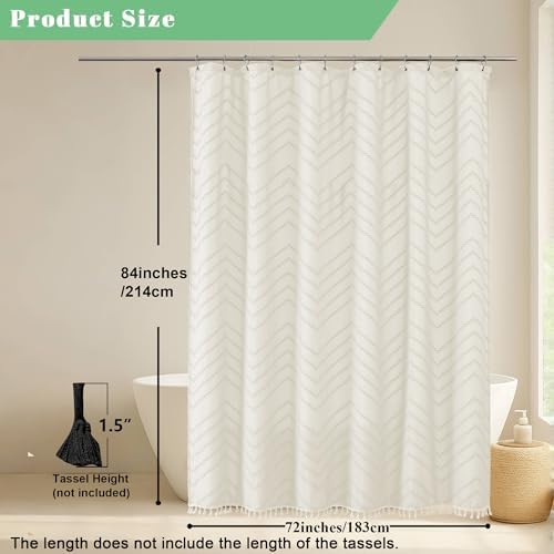 OWENIE Extra Long Beige Boho Shower Curtain, Chic Tufted Chevron Striped Textured Fabric Cloth Shower Curtains with Tassel for Bathroom, Soft Hotel Style Farmhouse, Machine Washable, 72x84