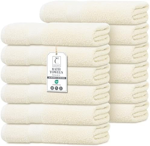 Commercial Bulk Pack of 12 Bath Towels – 100% Cotton Terry 24" x 48" – Ideal for Hotels, Salons, Gyms, Spas & Institutional Use – Ivory