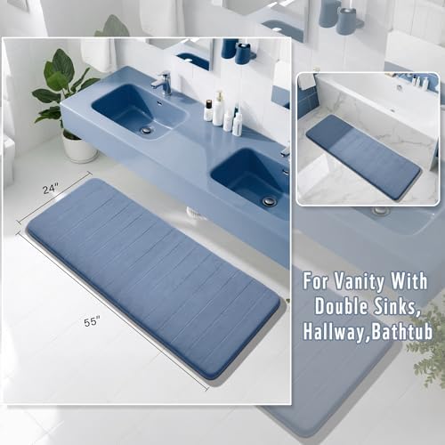 Yimobra Bathroom Runner 55"x24", Non Slip Memory Foam Bath Mat, Super Soft Water Absorbent Hallway Carpet, Machine Washable Rug for Vanity Tub Shower, Denim Blue