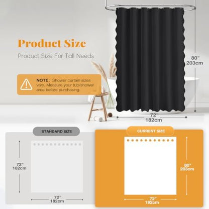 BTTN 72x80 Boho Scalloped Linen Textured Cloth Shower Curtain Set, Black