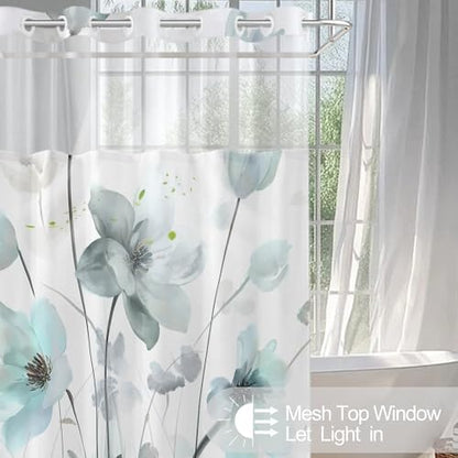 No Hook Shower Curtain and Liner Set, Teal Blue Boho Floral 71x84