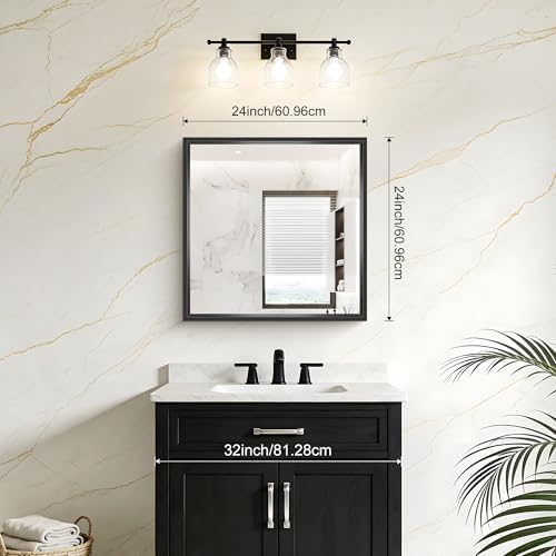 24x24 Square Black Mirror, Bathroom Mirrors for Over Sink 0.6" Thickened Deep Frame, Brushed Black Rectangle Mirrors for Wall, Shatterproof Tempered Glass, Antirust, Horizontally or Vertically