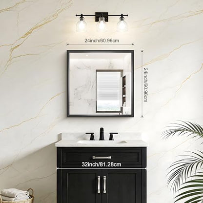 24x24 Square Black Mirror, Bathroom Mirrors for Over Sink 0.6" Thickened Deep Frame, Brushed Black Rectangle Mirrors for Wall, Shatterproof Tempered Glass, Antirust, Horizontally or Vertically