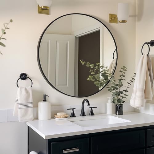 Sunniry Black Round Mirror, Round Mirror 24 inch, Matte Black Metal Frame