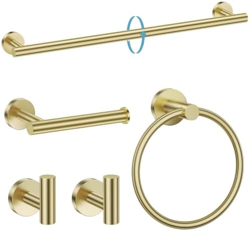 TURS Brushed Gold Bathroom Hardware Set 5 Piece, SUS304 Stainless Steel Bath Towel Bar Set, 24 Inch Bathroom Accessories Kit Wall Mounted