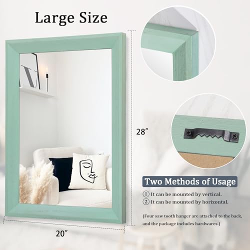 AAZZKANG Wood Framed Mirror Rectangle Modern Farmhouse Wall Mirrors Decor Large 28"x20" for Bedroom Living Room Bathroom Dressing Room Green