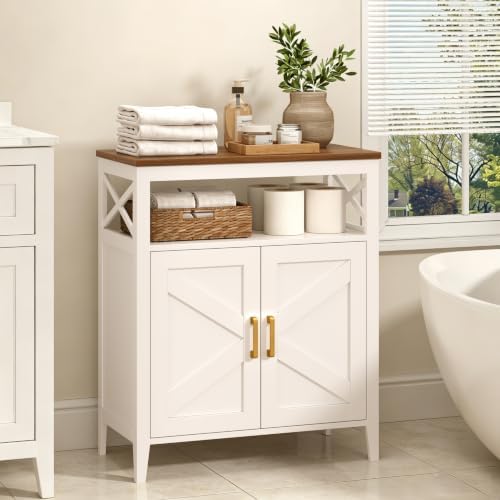 Bathroom Storage Cabinet with Doors, Adjustable Shelf, Wood Top