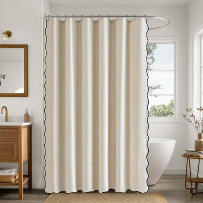 ANRODUO Cream Beige Scalloped Linen Textured Shower Curtain, W72 x L90