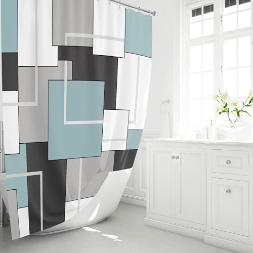BTTN 72x78 Long Modern Geometric Waterproof Fabric Shower Curtain, Fog Blue