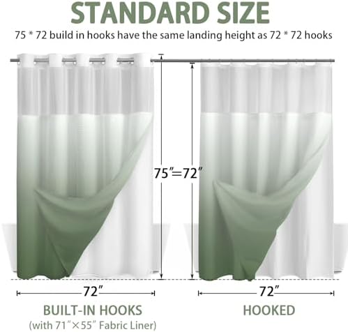 No Hook Shower Curtain with Liner Set Hotel Waffle Ombre Green 72W X 75L