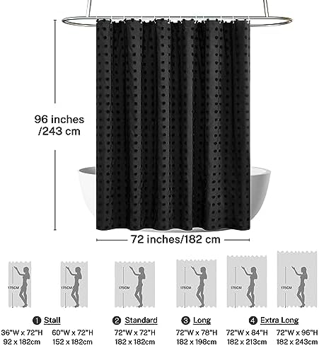 Siiluminisoy Extra Long Black Boho Shower Curtain Woven Fabric Cute Shower Curtain, 72 x 96 Tufted Pleat Floral Textured Modern Farmhouse Minimalist Shower Curtain Set with Hooks for Bathroom