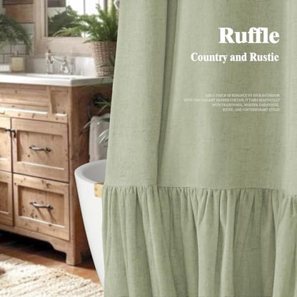 Farmhouse Shower Curtain Ruffle Linen Flax Green 72" W x 78" L