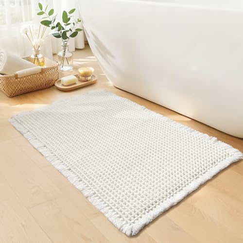 White Bathroom Rugs, Waffle Bath Mat Non Slip Washable, 20" x 32"