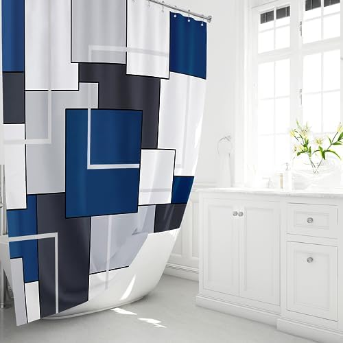 BTTN 72x78 Modern Geometric Waterproof Fabric Shower Curtain Set, Navy Blue